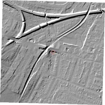 Shaded relief map of the ground around BR34FP, computed from Environment Agency LiDAR. The ground here sits at about 28 m above sea level and falls 11 m across the surrounding 800 m. Surface water reaching this point runs off ground lying to the north-west, 4.9 m higher.