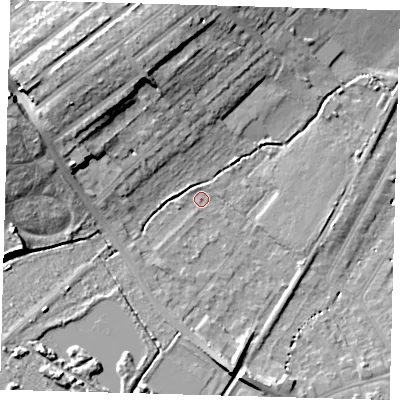 Shaded relief map of the ground around BR34GP, computed from Environment Agency LiDAR. The ground here sits at about 32 m above sea level and falls 17 m across the surrounding 800 m. Surface water reaching this point runs off ground lying to the west-north-west, 14.0 m higher.