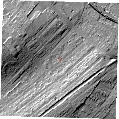 Shaded relief map of the ground around BR34GR, computed from Environment Agency LiDAR. The ground here sits at about 32 m above sea level and falls 19 m across the surrounding 800 m. Surface water reaching this point runs off ground lying to the south-south-west, 3.7 m higher.