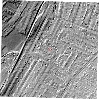 Shaded relief map of the ground around BR34HD, computed from Environment Agency LiDAR. The ground here sits at about 30 m above sea level and falls 13 m across the surrounding 800 m. Surface water reaching this point runs off ground lying to the south-east, 7.6 m higher.