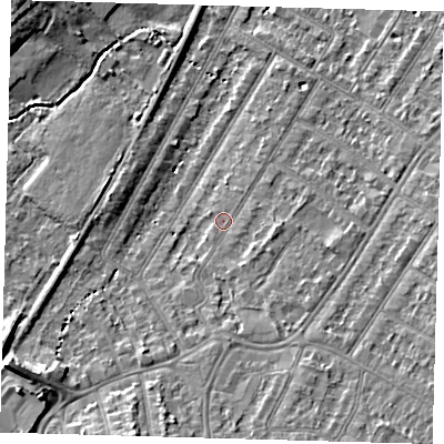 Shaded relief map of the ground around BR34HF, computed from Environment Agency LiDAR. The ground here sits at about 32 m above sea level and falls 11 m across the surrounding 800 m. Surface water reaching this point runs off ground lying to the south-south-east, 3.9 m higher.