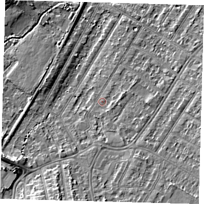 Shaded relief map of the ground around BR34HG, computed from Environment Agency LiDAR. The ground here sits at about 32 m above sea level and falls 9 m across the surrounding 800 m. Surface water reaching this point runs off ground lying to the south-south-east, 4.1 m higher.