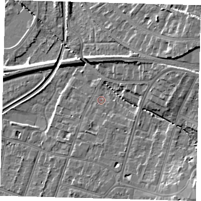 Shaded relief map of the ground around BR34HY, computed from Environment Agency LiDAR. The ground here sits at about 31 m above sea level and falls 15 m across the surrounding 800 m. Surface water reaching this point runs off ground lying to the south, 2.2 m higher.