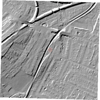 Shaded relief map of the ground around BR34JD, computed from Environment Agency LiDAR. The ground here sits at about 29 m above sea level and falls 15 m across the surrounding 800 m. Surface water reaching this point runs off ground lying to the west, 14.6 m higher.