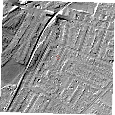 Shaded relief map of the ground around BR34JL, computed from Environment Agency LiDAR. The ground here sits at about 29 m above sea level and falls 12 m across the surrounding 800 m. Surface water reaching this point runs off ground lying to the south-east, 7.2 m higher.