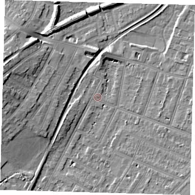 Shaded relief map of the ground around BR34JP, computed from Environment Agency LiDAR. The ground here sits at about 29 m above sea level and falls 13 m across the surrounding 800 m. Surface water reaching this point runs off ground lying to the south-east, 6.2 m higher.
