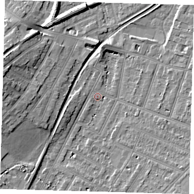 Shaded relief map of the ground around BR34JQ, computed from Environment Agency LiDAR. The ground here sits at about 29 m above sea level and falls 13 m across the surrounding 800 m. Surface water reaching this point runs off ground lying to the south-east, 6.9 m higher.