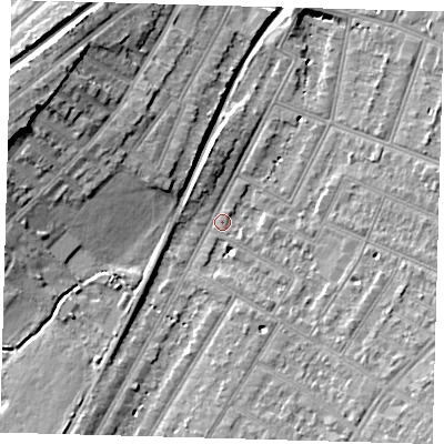 Shaded relief map of the ground around BR34JT, computed from Environment Agency LiDAR. The ground here sits at about 29 m above sea level and falls 15 m across the surrounding 800 m. Surface water reaching this point runs off ground lying to the south-west, 5.3 m higher.