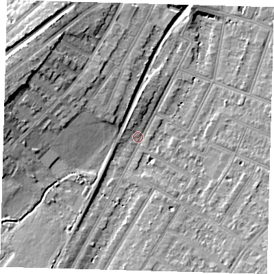 Shaded relief map of the ground around BR34JU, computed from Environment Agency LiDAR. The ground here sits at about 29 m above sea level and falls 16 m across the surrounding 800 m. Surface water reaching this point runs off ground lying to the south-south-west, 5.2 m higher.