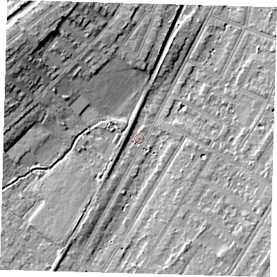 Shaded relief map of the ground around BR34JY, computed from Environment Agency LiDAR. The ground here sits at about 30 m above sea level and falls 16 m across the surrounding 800 m. Surface water reaching this point runs off ground lying to the south-south-west, 3.6 m higher.