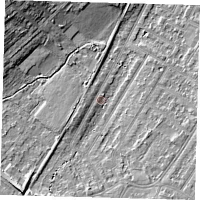 Shaded relief map of the ground around BR34LA, computed from Environment Agency LiDAR. The ground here sits at about 31 m above sea level and falls 15 m across the surrounding 800 m. Surface water reaching this point runs off ground lying to the west-south-west, 1.6 m higher.