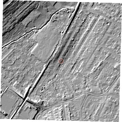 Shaded relief map of the ground around BR34LB, computed from Environment Agency LiDAR. The ground here sits at about 32 m above sea level and falls 15 m across the surrounding 800 m. Surface water reaching this point runs off ground lying to the south-west, 8.3 m higher.