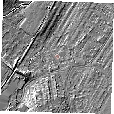 Shaded relief map of the ground around BR34LF, computed from Environment Agency LiDAR. The ground here sits at about 33 m above sea level and falls 11 m across the surrounding 800 m. Surface water reaching this point runs off ground lying to the south, 5.8 m higher.