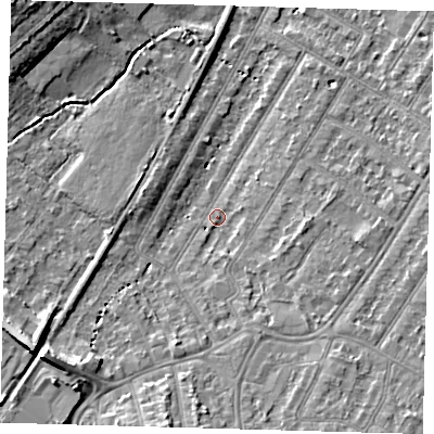 Shaded relief map of the ground around BR34LG, computed from Environment Agency LiDAR. The ground here sits at about 31 m above sea level and falls 11 m across the surrounding 800 m. Surface water reaching this point runs off ground lying to the south, 2.3 m higher.