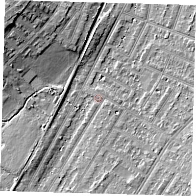 Shaded relief map of the ground around BR34LL, computed from Environment Agency LiDAR. The ground here sits at about 30 m above sea level and falls 15 m across the surrounding 800 m. Surface water reaching this point runs off ground lying to the south-south-west, 2.7 m higher.