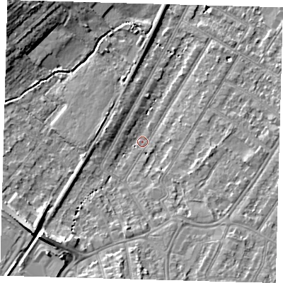 Shaded relief map of the ground around BR34LQ, computed from Environment Agency LiDAR. The ground here sits at about 31 m above sea level and falls 12 m across the surrounding 800 m. Surface water reaching this point runs off ground lying to the south-west, 8.3 m higher.