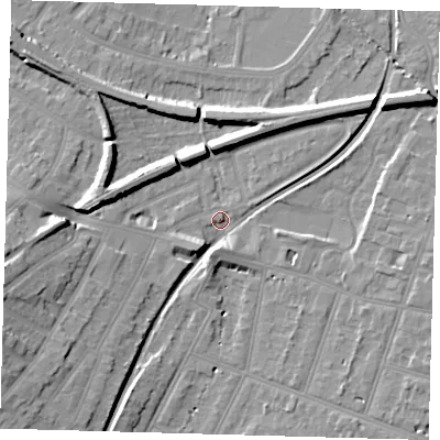 Shaded relief map of the ground around BR34LU, computed from Environment Agency LiDAR. The ground here sits at about 28 m above sea level and falls 13 m across the surrounding 800 m. Surface water reaching this point runs off ground lying to the south-west, 6.6 m higher.