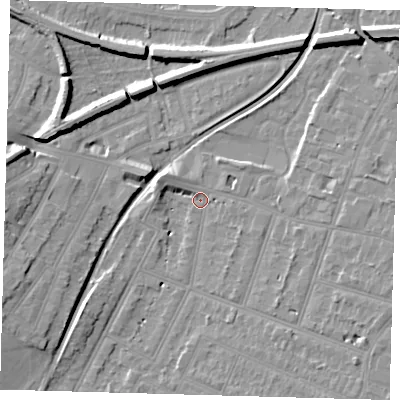 Shaded relief map of the ground around BR34PD, computed from Environment Agency LiDAR. The ground here sits at about 29 m above sea level and falls 10 m across the surrounding 800 m. Surface water reaching this point runs off ground lying to the south-east, 6.7 m higher.