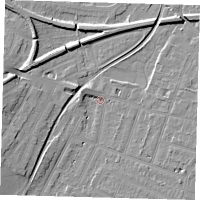 Shaded relief map of the ground around BR34PG, computed from Environment Agency LiDAR. The ground here sits at about 29 m above sea level and falls 10 m across the surrounding 800 m. Surface water reaching this point runs off ground lying to the south-east, 6.7 m higher.
