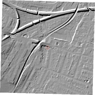 Shaded relief map of the ground around BR34PN, computed from Environment Agency LiDAR. The ground here sits at about 28 m above sea level and falls 10 m across the surrounding 800 m. Surface water reaching this point runs off ground lying to the south-east, 6.7 m higher.