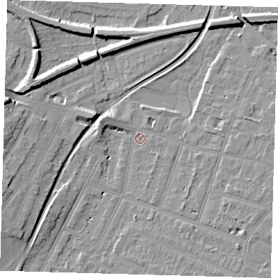 Shaded relief map of the ground around BR34PR, computed from Environment Agency LiDAR. The ground here sits at about 29 m above sea level and falls 9 m across the surrounding 800 m. Surface water reaching this point runs off ground lying to the south-east, 6.4 m higher.