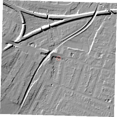 Shaded relief map of the ground around BR34PS, computed from Environment Agency LiDAR. The ground here sits at about 28 m above sea level and falls 11 m across the surrounding 800 m. Surface water reaching this point runs off ground lying to the south-east, 6.7 m higher.