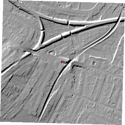 Shaded relief map of the ground around BR34PT, computed from Environment Agency LiDAR. The ground here sits at about 28 m above sea level and falls 15 m across the surrounding 800 m. Surface water reaching this point runs off ground lying to the south-west, 1.1 m higher.