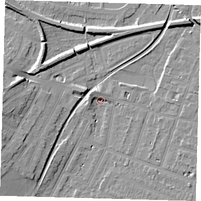 Shaded relief map of the ground around BR34PU, computed from Environment Agency LiDAR. The ground here sits at about 28 m above sea level and falls 11 m across the surrounding 800 m. Surface water reaching this point runs off ground lying to the west-north-west, 4.9 m higher.