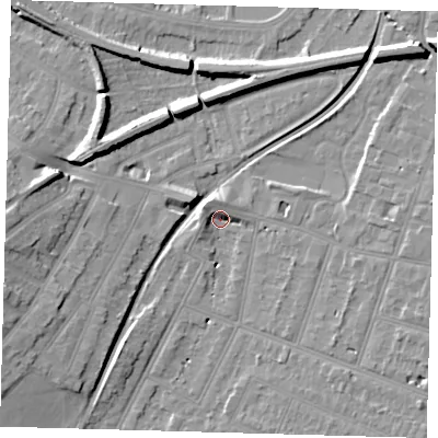 Shaded relief map of the ground around BR34QD, computed from Environment Agency LiDAR. The ground here sits at about 29 m above sea level and falls 12 m across the surrounding 800 m. Surface water reaching this point runs off ground lying to the north-west, 4.9 m higher.