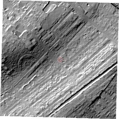 Shaded relief map of the ground around BR34RA, computed from Environment Agency LiDAR. The ground here sits at about 33 m above sea level and falls 20 m across the surrounding 800 m. Surface water reaching this point runs off ground lying to the west, 15.9 m higher.