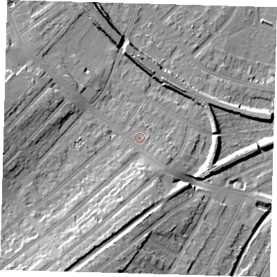 Shaded relief map of the ground around BR34RJ, computed from Environment Agency LiDAR. The ground here sits at about 31 m above sea level and falls 16 m across the surrounding 800 m. Surface water reaching this point runs off ground lying to the south-east, 2.7 m higher.