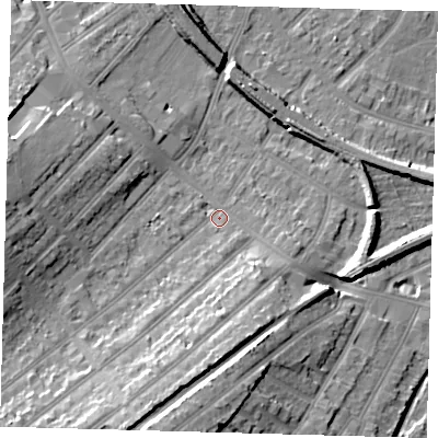 Shaded relief map of the ground around BR34RL, computed from Environment Agency LiDAR. The ground here sits at about 31 m above sea level and falls 16 m across the surrounding 800 m. Surface water reaching this point runs off ground lying to the south-south-west, 11.2 m higher.