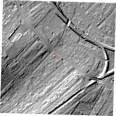 Shaded relief map of the ground around BR34RW, computed from Environment Agency LiDAR. The ground here sits at about 31 m above sea level and falls 16 m across the surrounding 800 m. Surface water reaching this point runs off ground lying to the south-south-west, 10.2 m higher.