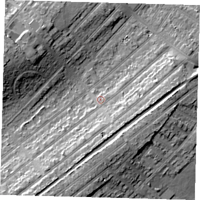 Shaded relief map of the ground around BR34RX, computed from Environment Agency LiDAR. The ground here sits at about 35 m above sea level and falls 18 m across the surrounding 800 m. Surface water reaching this point runs off ground lying to the south-south-west, 9.3 m higher.