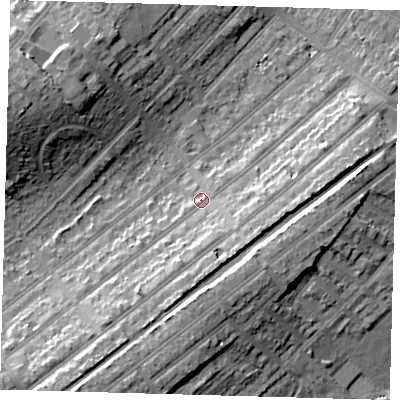 Shaded relief map of the ground around BR34SA, computed from Environment Agency LiDAR. The ground here sits at about 35 m above sea level and falls 18 m across the surrounding 800 m. Surface water reaching this point runs off ground lying to the south-west, 7.3 m higher.