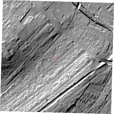 Shaded relief map of the ground around BR34TR, computed from Environment Agency LiDAR. The ground here sits at about 32 m above sea level and falls 18 m across the surrounding 800 m. Surface water reaching this point runs off ground lying to the south-south-west, 4.1 m higher.