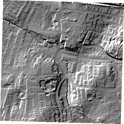 Shaded relief map of the ground around BR36LH, computed from Environment Agency LiDAR. The ground here sits at about 35 m above sea level and falls 21 m across the surrounding 800 m. Surface water reaching this point runs off ground lying to the east-north-east, 17.5 m higher.