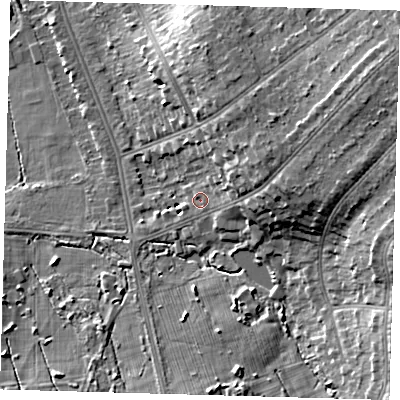 Shaded relief map of the ground around BR36SX, computed from Environment Agency LiDAR. The ground here sits at about 54 m above sea level and falls 18 m across the surrounding 800 m. Surface water reaching this point runs off ground lying to the east-north-east, 9.4 m higher.