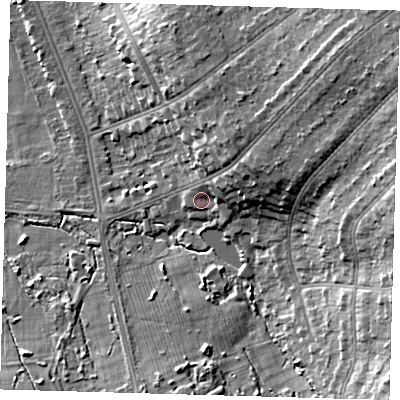Shaded relief map of the ground around BR36SZ, computed from Environment Agency LiDAR. The ground here sits at about 55 m above sea level and falls 18 m across the surrounding 800 m. Surface water reaching this point runs off ground lying to the north-east, 8.1 m higher.
