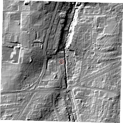 Shaded relief map of the ground around BR40PJ, computed from Environment Agency LiDAR. The ground here sits at about 63 m above sea level and falls 18 m across the surrounding 800 m. Surface water reaching this point runs off ground lying to the south-east, 14.4 m higher.