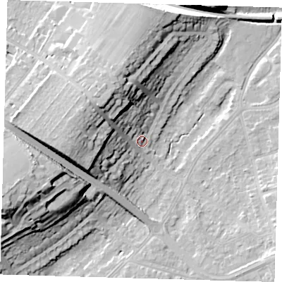 Shaded relief map of the ground around BR49AG, computed from Environment Agency LiDAR. The ground here sits at about 64 m above sea level and falls 28 m across the surrounding 800 m. Surface water reaching this point runs off ground lying to the north-west, 17.6 m higher.