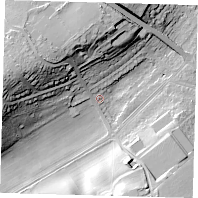 Shaded relief map of the ground around BR49BB, computed from Environment Agency LiDAR. The ground here sits at about 66 m above sea level and falls 36 m across the surrounding 800 m. Surface water reaching this point runs off ground lying to the north-west, 4.8 m higher.