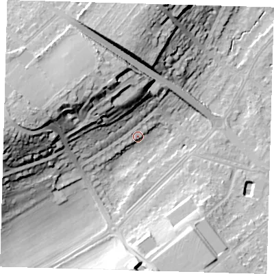 Shaded relief map of the ground around BR49BD, computed from Environment Agency LiDAR. The ground here sits at about 65 m above sea level and falls 32 m across the surrounding 800 m. Surface water reaching this point runs off ground lying to the west-north-west, 22.8 m higher.