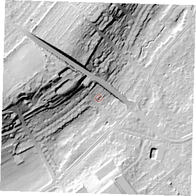 Shaded relief map of the ground around BR49BE, computed from Environment Agency LiDAR. The ground here sits at about 64 m above sea level and falls 28 m across the surrounding 800 m. Surface water reaching this point runs off ground lying to the west, 25.6 m higher.