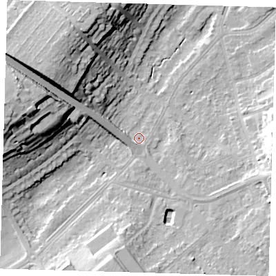 Shaded relief map of the ground around BR49BJ, computed from Environment Agency LiDAR. The ground here sits at about 62 m above sea level and falls 26 m across the surrounding 800 m. Surface water reaching this point runs off ground lying to the west-north-west, 3.5 m higher.