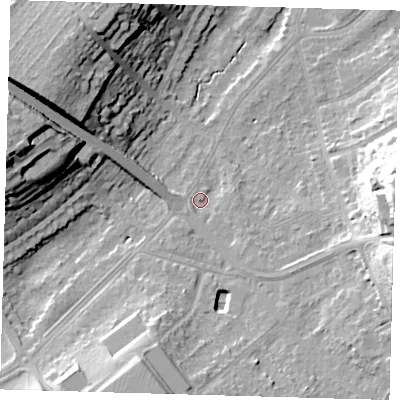 Shaded relief map of the ground around BR49BN, computed from Environment Agency LiDAR. The ground here sits at about 62 m above sea level and falls 24 m across the surrounding 800 m. Surface water reaching this point runs off ground lying to the west-north-west, 22.8 m higher.