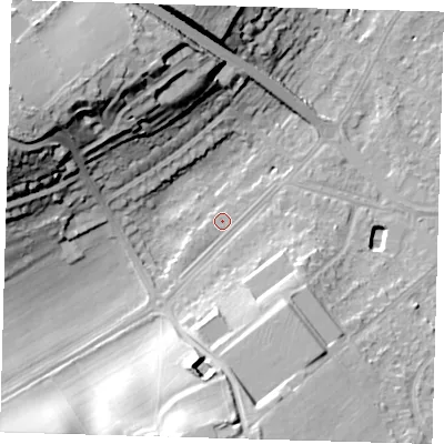 Shaded relief map of the ground around BR49BQ, computed from Environment Agency LiDAR. The ground here sits at about 64 m above sea level and falls 30 m across the surrounding 800 m. Surface water reaching this point runs off ground lying to the south, 19.8 m higher.