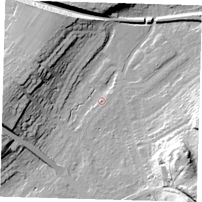 Shaded relief map of the ground around BR49BS, computed from Environment Agency LiDAR. The ground here sits at about 61 m above sea level and falls 34 m across the surrounding 800 m. Surface water reaching this point runs off ground lying to the south-south-west, 2.2 m higher.
