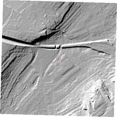 Shaded relief map of the ground around BR49BT, computed from Environment Agency LiDAR. The ground here sits at about 60 m above sea level and falls 31 m across the surrounding 800 m. Surface water reaching this point runs off ground lying to the west-north-west, 16.4 m higher.