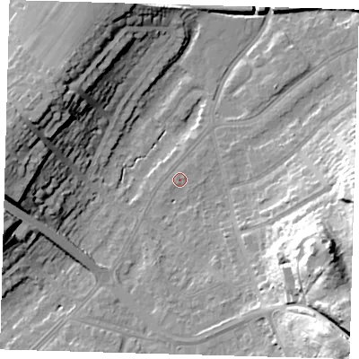 Shaded relief map of the ground around BR49BW, computed from Environment Agency LiDAR. The ground here sits at about 62 m above sea level and falls 34 m across the surrounding 800 m. Surface water reaching this point runs off ground lying to the east-north-east, 0.6 m higher.
